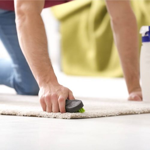 cleaning used classroom rug by hand