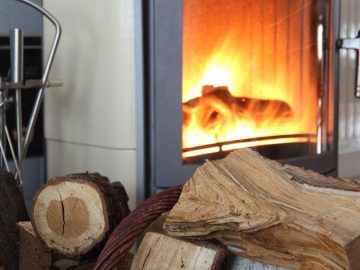 Burning pellet stove and log of wood