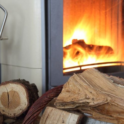 Burning pellet stove and log of wood