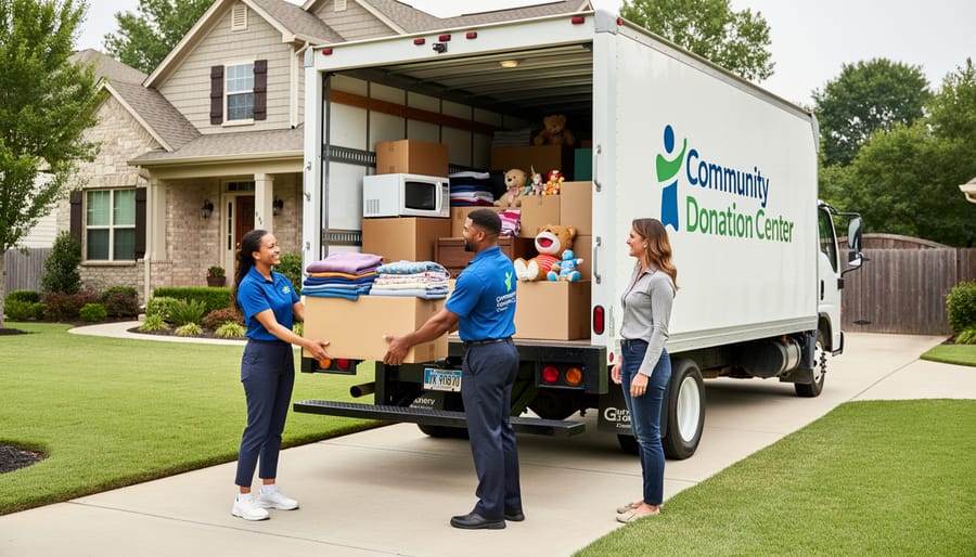 Hands placing a gently used armchair onto a vehicle during a junk removal donation pickup.