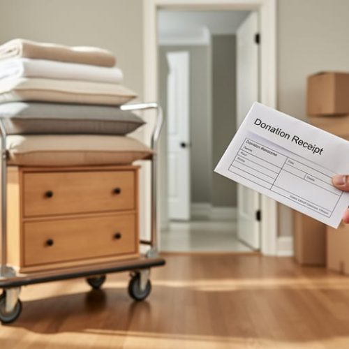 Donation receipt in a hand beside neatly prepared household items on a moving cart ready for a junk removal donation pickup.