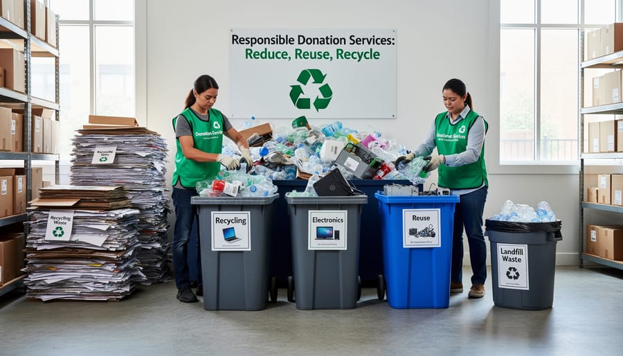 Recycling bins and waste containers in a loading bay showing responsible sorting of household items.