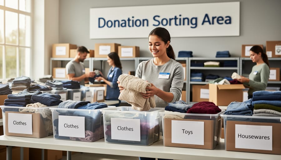 Worker inspecting a clean sofa and refrigerator components in a donation sorting area.