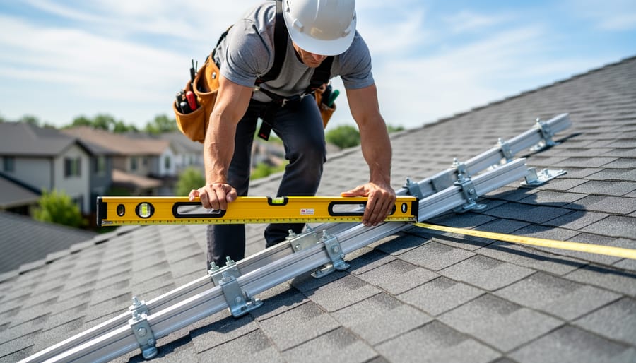 Gloved hands leveling and measuring mounting hardware on a gate post near a solar panel bracket