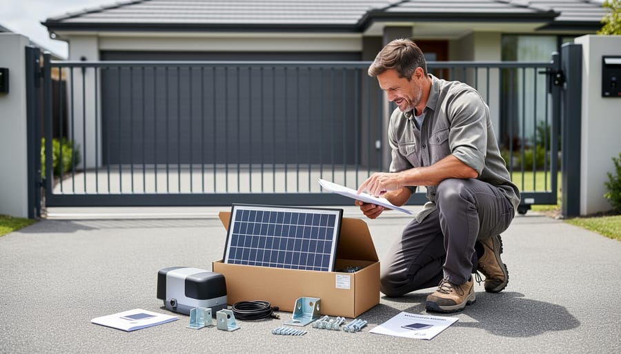 Homeowner kneeling by a driveway gate while holding a solar gate opener kit control unit and remote in natural daylight