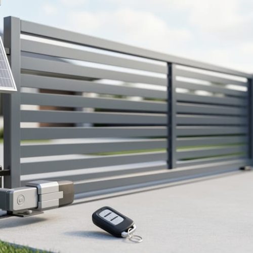 Installed solar gate opener kit on a driveway gate, showing the mounted solar panel, opener mechanism on the gate post, and a wireless remote nearby.