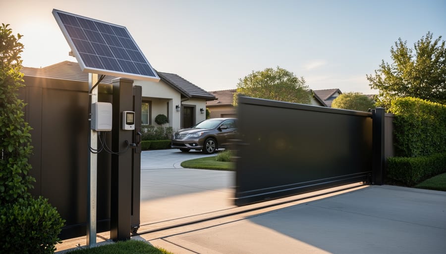 Solar panel and driveway gate setup captured at golden hour with the gate in smooth motion