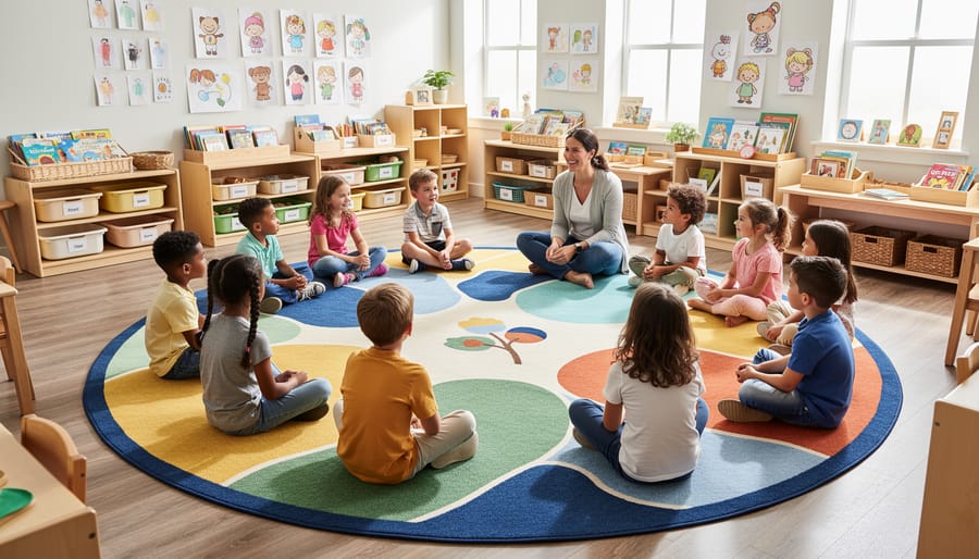 Students and a teacher sitting together on a classroom rug during circle time.