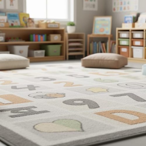 “A patterned classroom rug in a bright learning environment with floor cushions for circle time and group activities.”