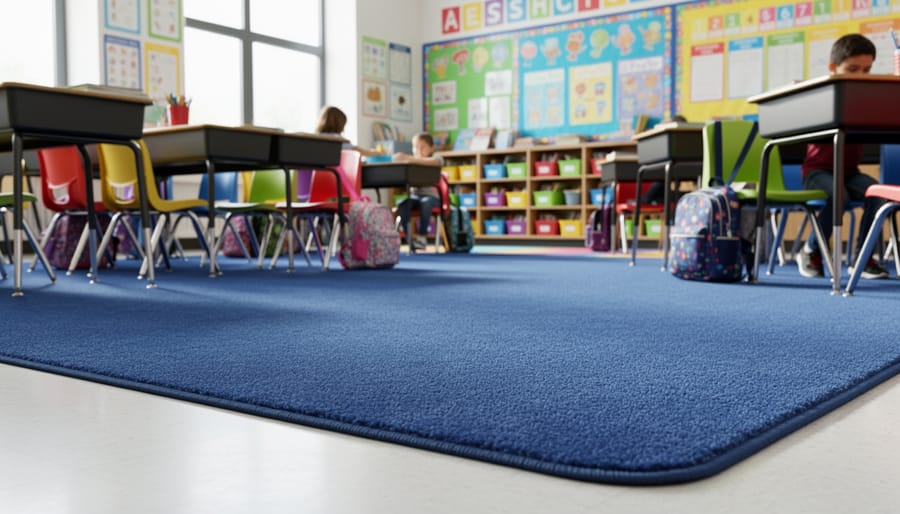 Classroom rug with visible fiber texture placed in a busy learning area.