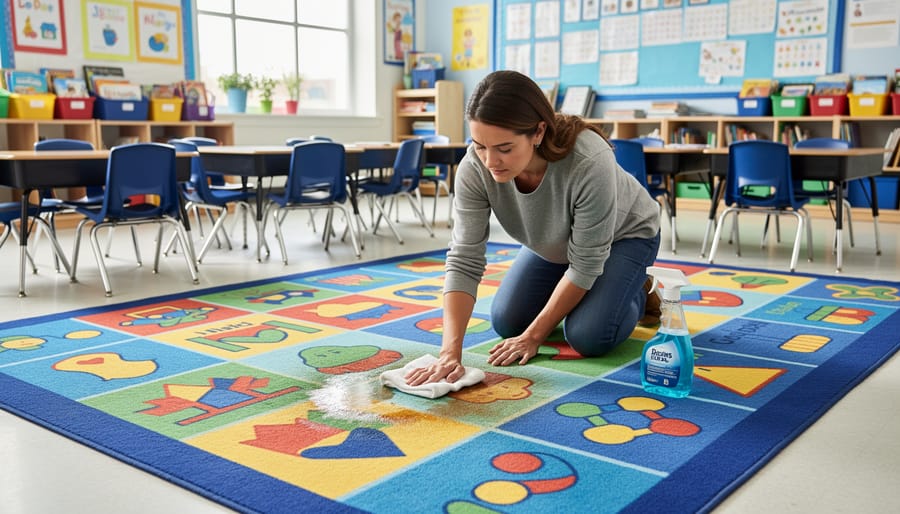 Close-up of spot-cleaning a classroom rug with a cloth and spray bottle.
