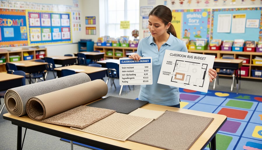 Close view of a teacher comparing classroom rug materials and measuring the floor space.