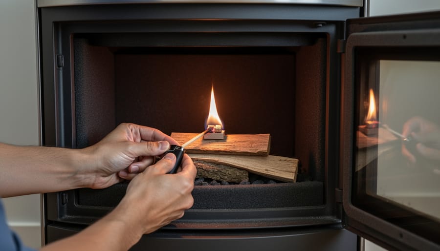 Person using a long lighter to ignite firestarter gel inside a pellet stove burn pot