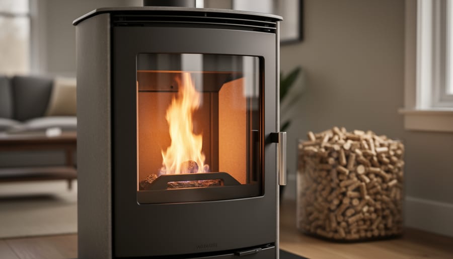 Pellet stove with a steady flame burning behind the glass in a cozy living room