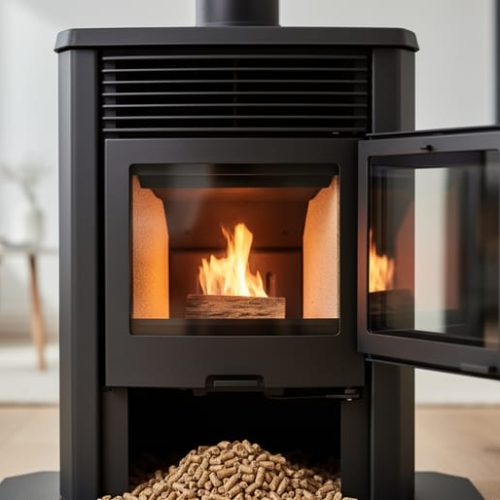 “Black pellet stove with hopper open and a warm glow from the ignition area, wood pellets ready for lighting in a cozy living room.”