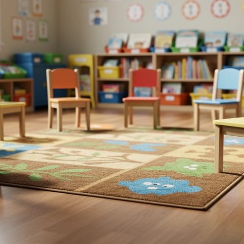 A 4 x 6 classroom rug arranged on a hardwood floor with nearby child-sized seating in a welcoming learning area.