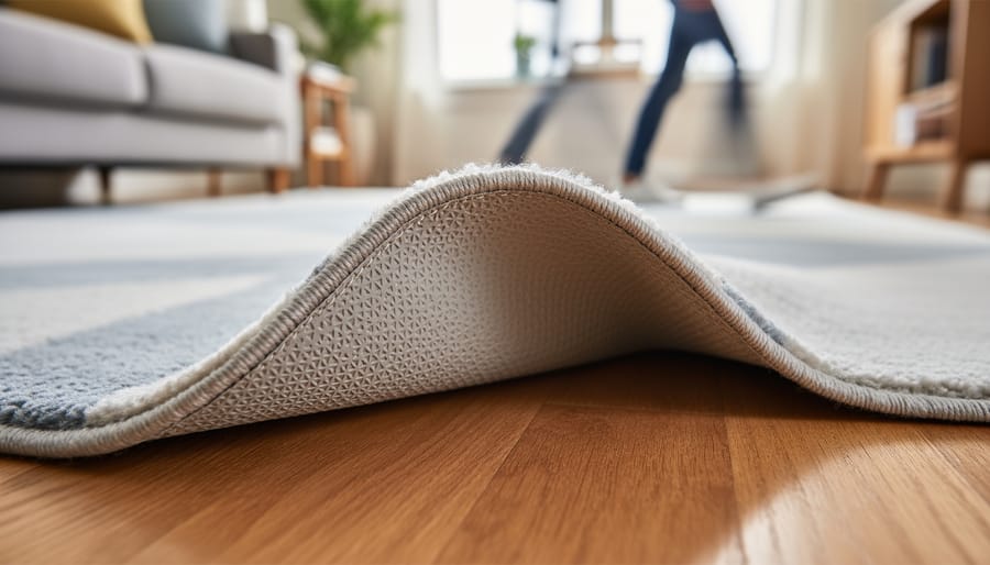 Close-up of a classroom rug showing reinforced edges and non-slip backing texture