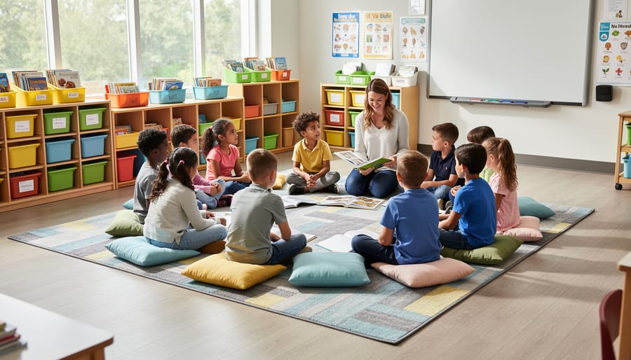A small classroom reading area featuring a 4 x 6 rug on the floor with cushions and nearby learning materials