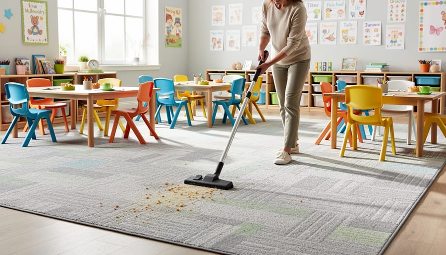 Handheld carpet cleaner being used to clean a classroom rug on the floor